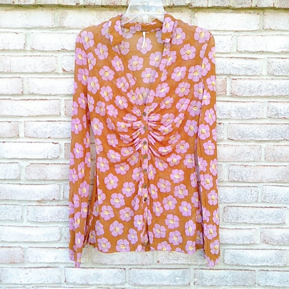 Free People | Lucky shirt in coffee combo retro floral print Medium